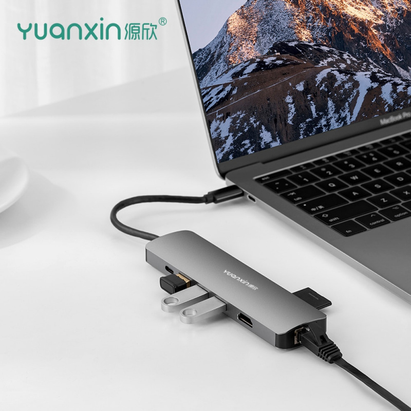 Yuanxin Type C HUB USB C 集線器 8 合 1 HDMI 4K PD 60W SD TF RJ45 適配器 USB C 分離器以太網擴展塢適用於 Macbook 華為