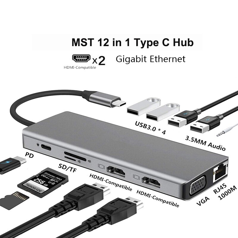 MST 12 合 1 USB C 集線器 Type C 適配器轉 4K HDMI VGA RJ45 Lan 以太網 SD TF 集線器 3.5MM AUX 12 端口擴展塢 PC 筆記本電腦分離器