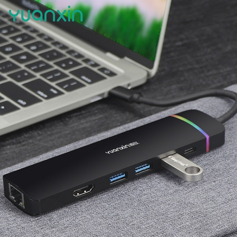 YUANXIN RGB 8 合 1 C 型轉 HDMI 兼容集線器 USB 3.0 PD 60W RJ45 SD TF 讀卡器擴展塢筆記本電腦適用於 MacBook Pro M2