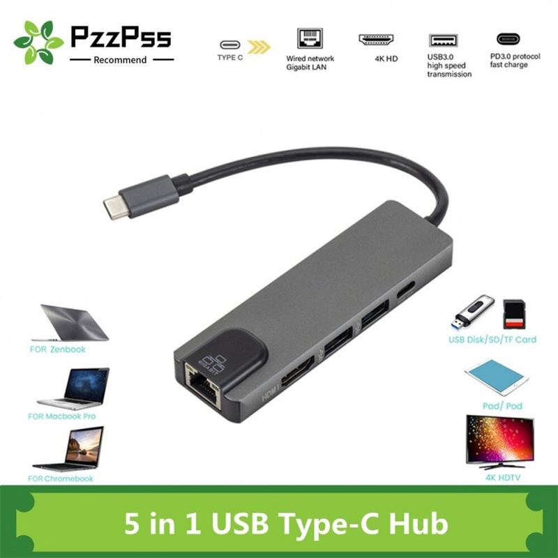 PzzPss 4K USB C 集線器轉千兆以太網 Rj45 Lan 5 合 1 USB C 型集線器適配器適用於 Mac book Pro Thunderbolt 3 USB-C 充電器 PD