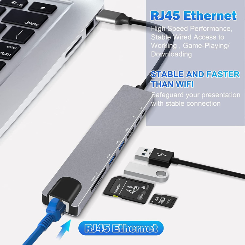 USB C 集線器 8 合 1 C 型 3.1 至 4K HDMI 適配器，帶 RJ45 SD TF 讀卡器 PD 快速充電 Thunderbolt 3 USB 擴展塢，適用於 MacBook Pro
