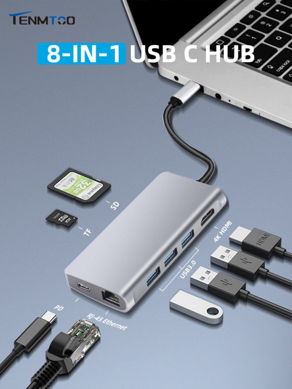 Tenmtoo 8 合 1 USB C 集線器 Type C 轉 HDMI 兼容 USB 3.0 RJ45 Lan 以太網 SD TF 8 端口擴展塢，適用於 MacBook Pro Air 集線器