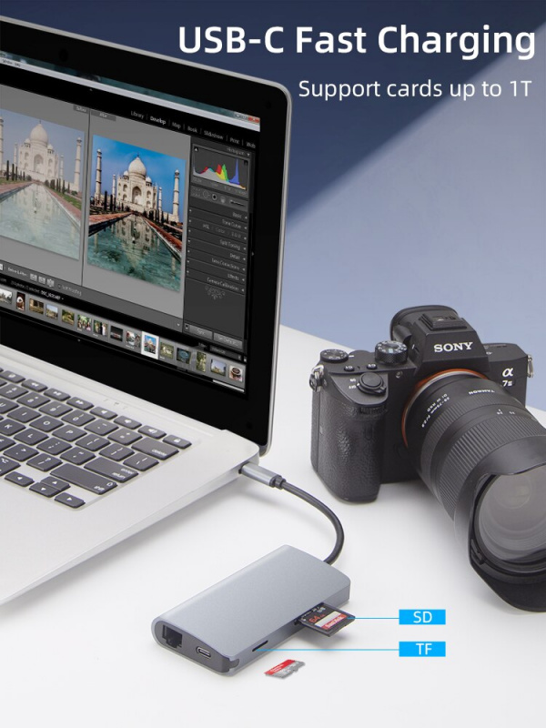 Tenmtoo 8 合 1 USB C 集線器 Type C 轉 HDMI 兼容 USB 3.0 RJ45 Lan 以太網 SD TF 8 端口擴展塢，適用於 MacBook Pro Air 集線器