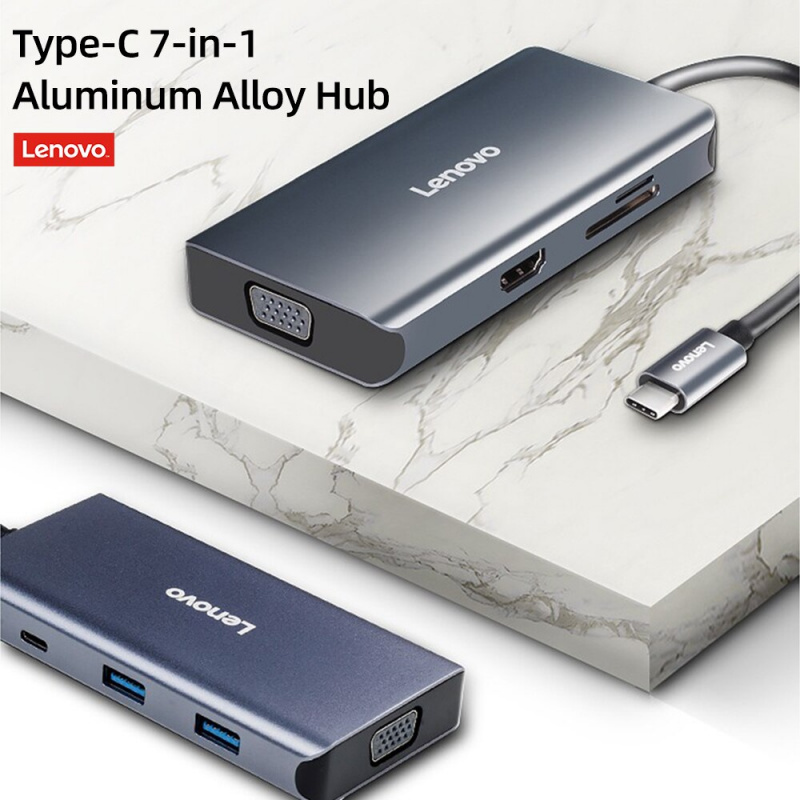 聯想 Type-C 集線器 7 合 1 USB C 轉 VGA HDMI 60W PD 充電底座 SD TF 卡插槽 USB 3.0 集線器分離器適配器適用於 MacBook Pro