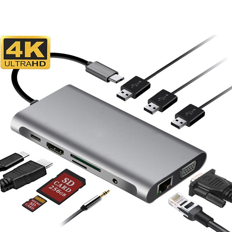 USB C 集線器 10 合 1 Type C 適配器擴展塢，帶 4K HDMI 1000mbps RJ45 USB-C USB SD TF 讀卡器 音頻 VGA 適用於 MacBook