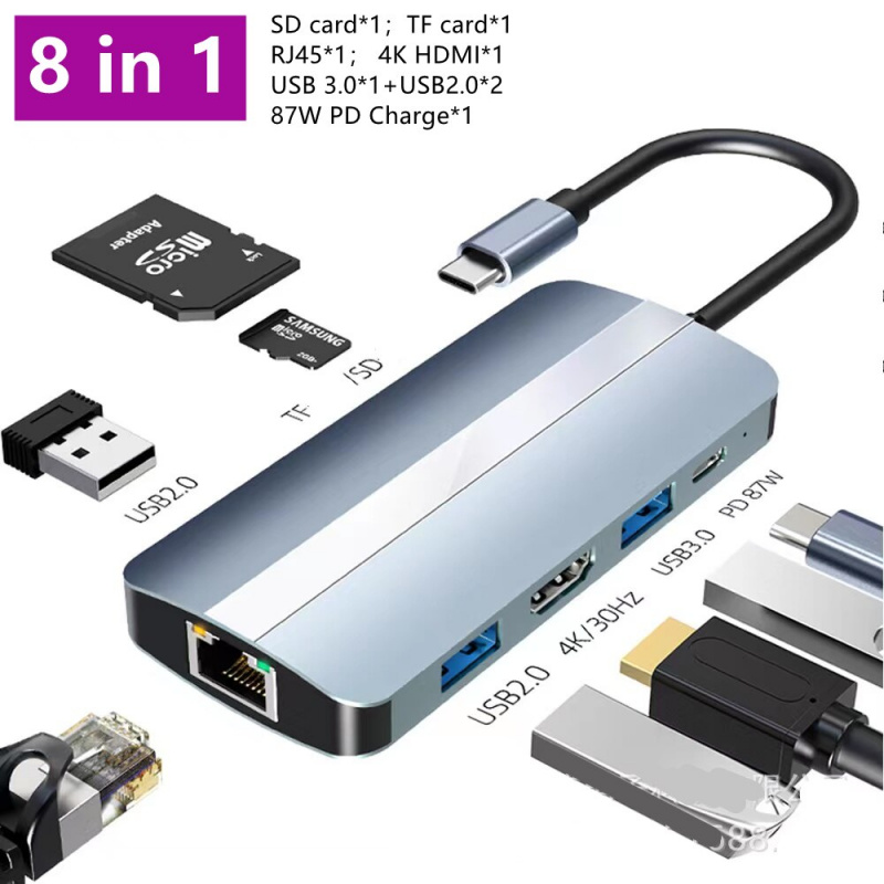 8 合 1 C 型擴展塢 USB C 集線器 3.0 分離器多端口適配器 4K HDMI RJ45 100MB SD TF PD 用於筆記本電腦 usb hdmi переходник