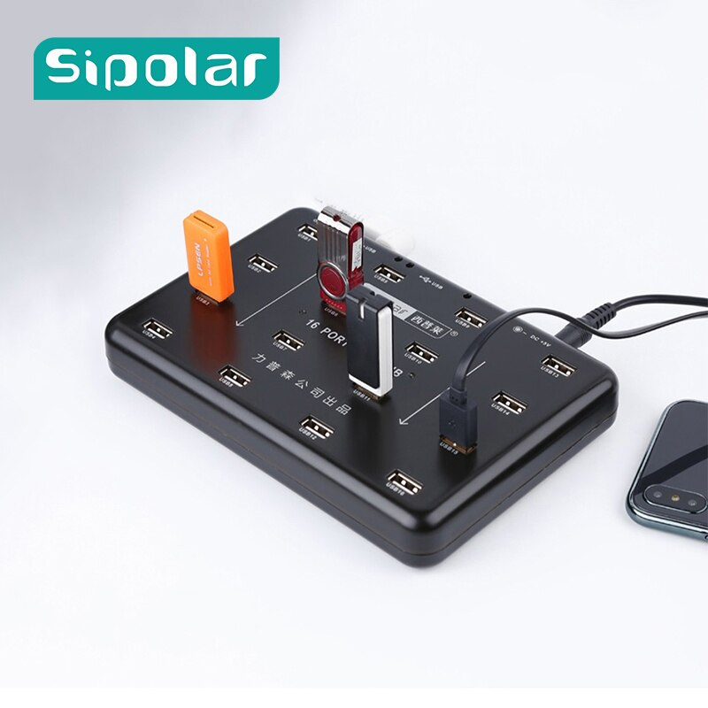 Sipolar 16 端口 USB 2.0 集線器複製器用於 TF SD 卡讀卡器 U 盤數據測試批量複製帶 LED 燈 5V3A 電源適配器 A-100