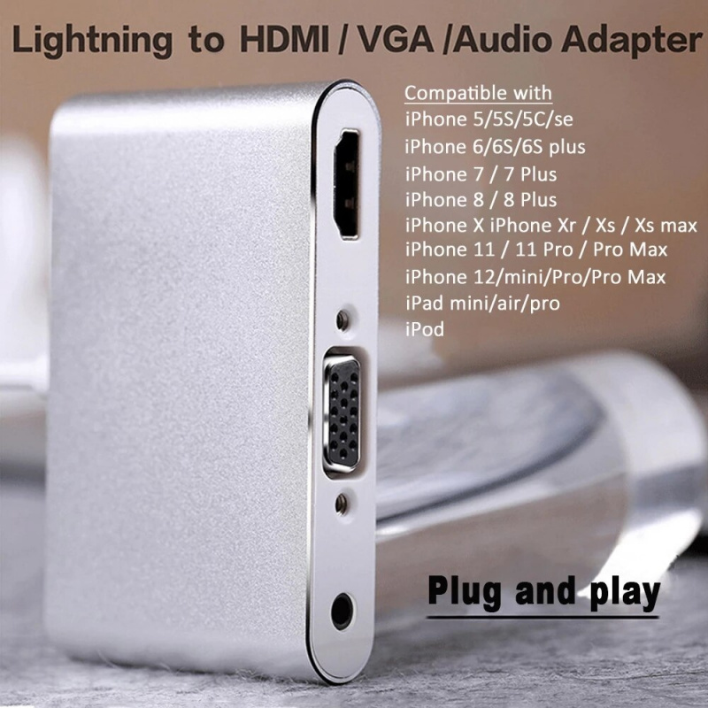 HDTV OTG 電纜適用於 iPhone Lightning 轉 VGA 3.5 毫米音頻插孔視頻 HDMI 兼容適配器適用於 iPhone 擴展集線器適用於 iPhone iPad