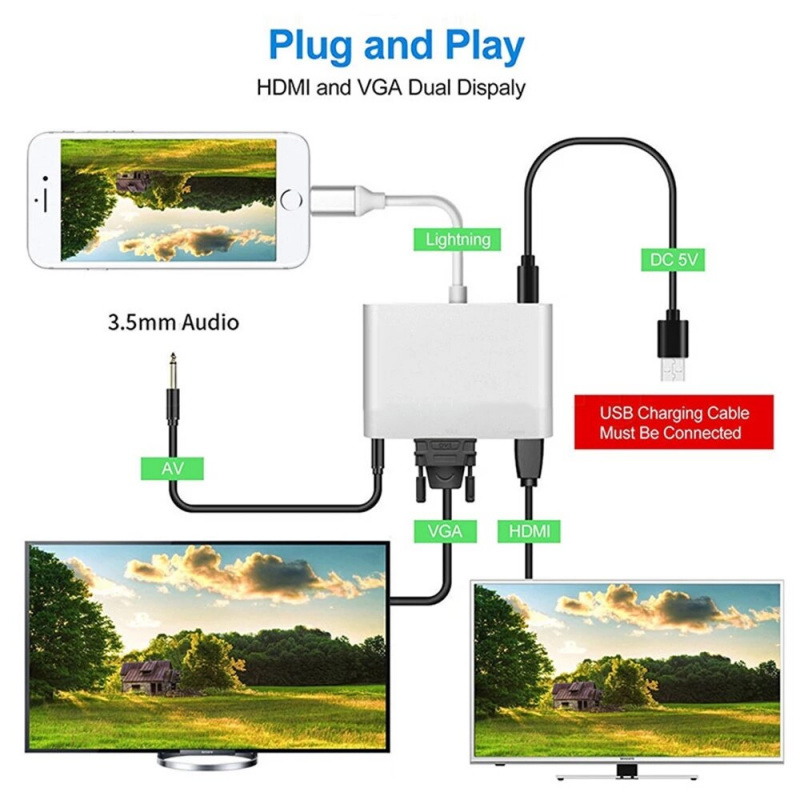 HDTV OTG 電纜適用於 iPhone Lightning 轉 VGA 3.5 毫米音頻插孔視頻 HDMI 兼容適配器適用於 iPhone 擴展集線器適用於 iPhone iPad