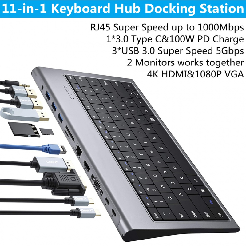11 合 1 鍵盤 C 型集線器擴展塢，帶 USB-C 100W PD USB 3.0 HDMI 4K SD MicroSD VGARJ45 以太網 3.5 毫米音頻，適用於 iPad