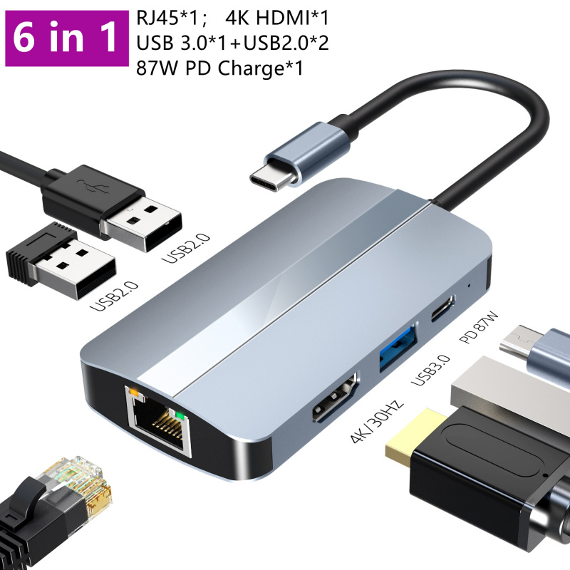 6 合 1 C 型擴展塢 USB C 集線器 3.0 分離器多端口適配器 4K HDMI RJ45 100MB SD TF PD 用於筆記本電腦 usb hdmi переходник