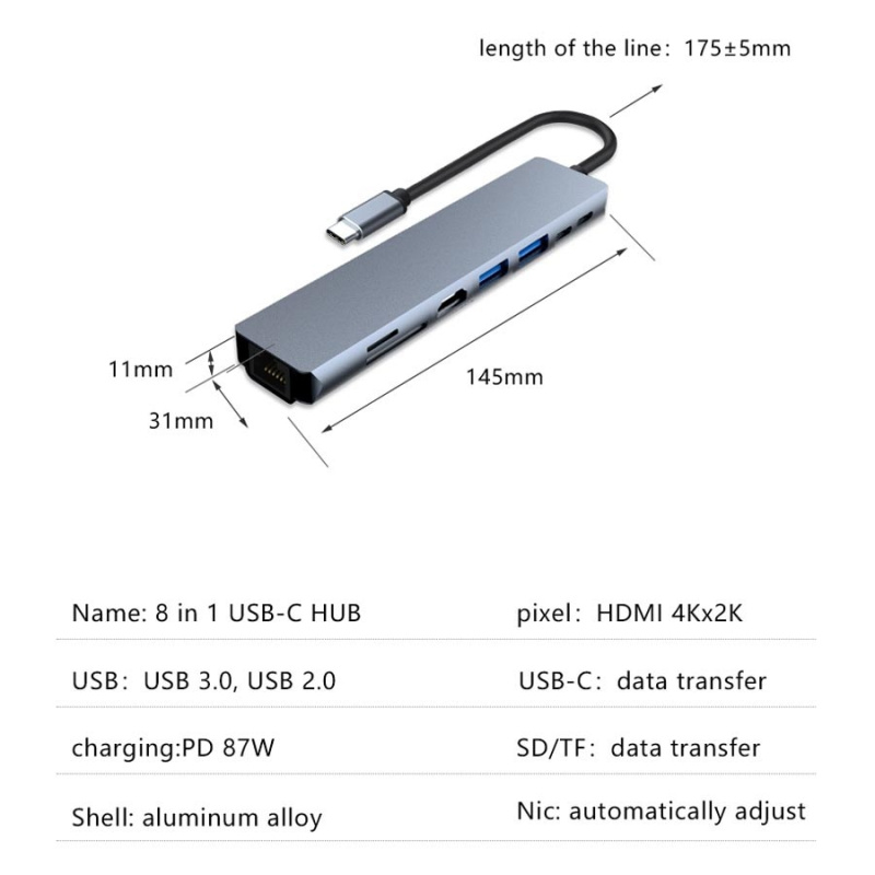 HDMI USB C Hub Multi USB 3.0 Splitter Type C Adapter 8 in 1 Dock Station For Macbook Pro Air Phone PD Charge Laptop Accessories