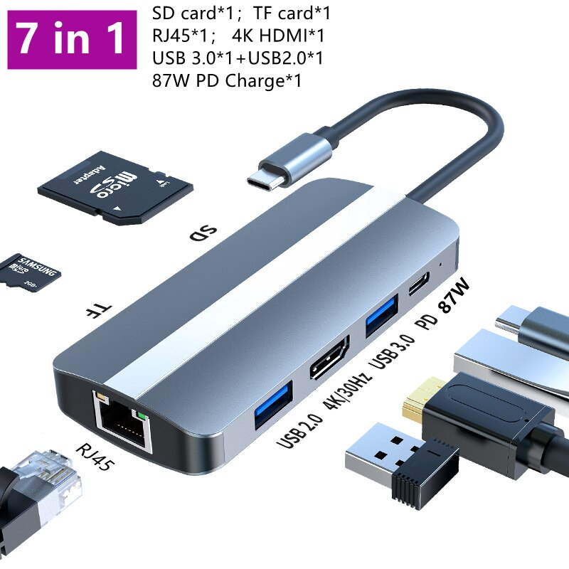 7 合 1 C 型擴展塢 USB C 集線器 3.0 分離器多端口適配器 4K HDMI RJ45 100MB SD TF PD 用於筆記本電腦 usb hdmi переходник