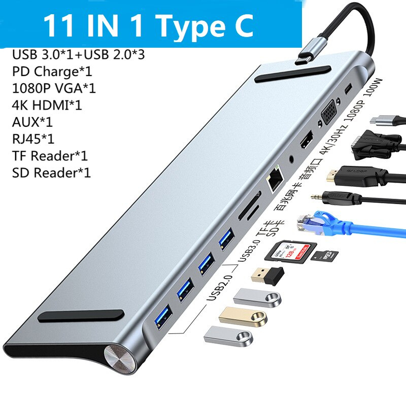全新 11 合 1 Type C 擴展塢 USB C 集線器 3.0 分離器快速傳輸多端口適配器 4K HDMI RJ45 VGA PD 適用於 MacBook 小米筆記本電腦
