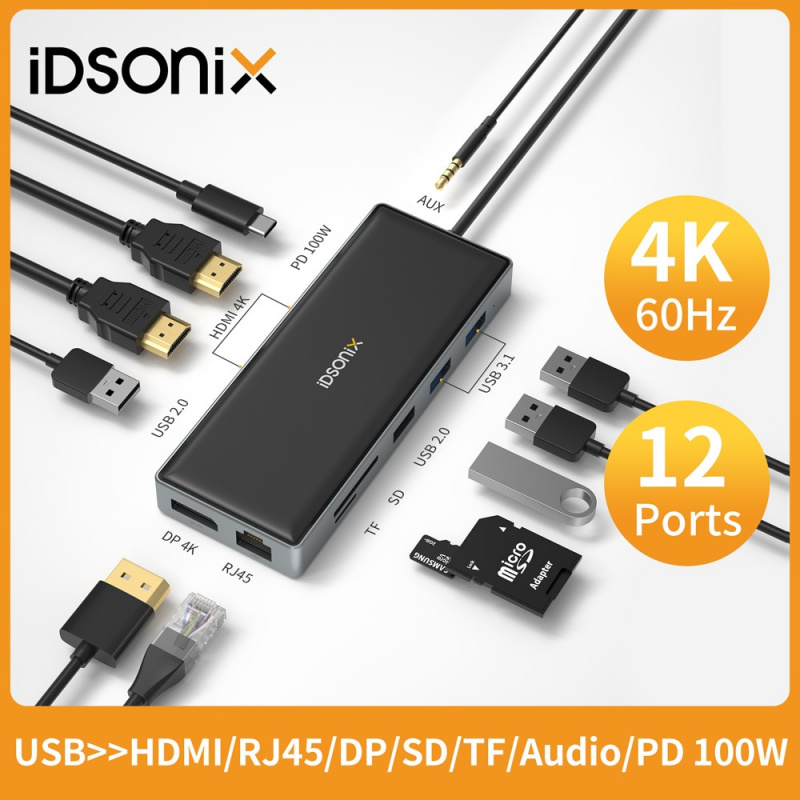iDsonix 12 合 1 三屏 Type C usb c 集線器多端口適配器，帶雙 HDMI 4K USB C 擴展塢，適用於 MacBook Pro ipad