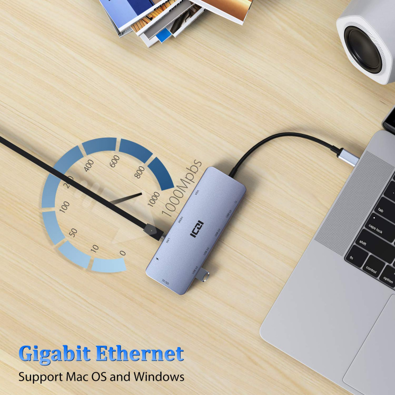 USB C 集線器，C 型集線器，ICZI 11 合 1 適配器，帶以太網，4K USB C 至 HDMI，VGA，2 USB 3.0 2 USB 2.0，SD TF 讀卡器，麥克風 奧迪