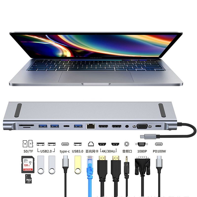 4 8 11 12 合 1 Type C 集線器，帶 2 個 HDMI 多端口適配器擴展塢 USB 3.0 4K HDMI RJ45 SD TF VGA PD 適用於筆記本電腦 MacBook iPad