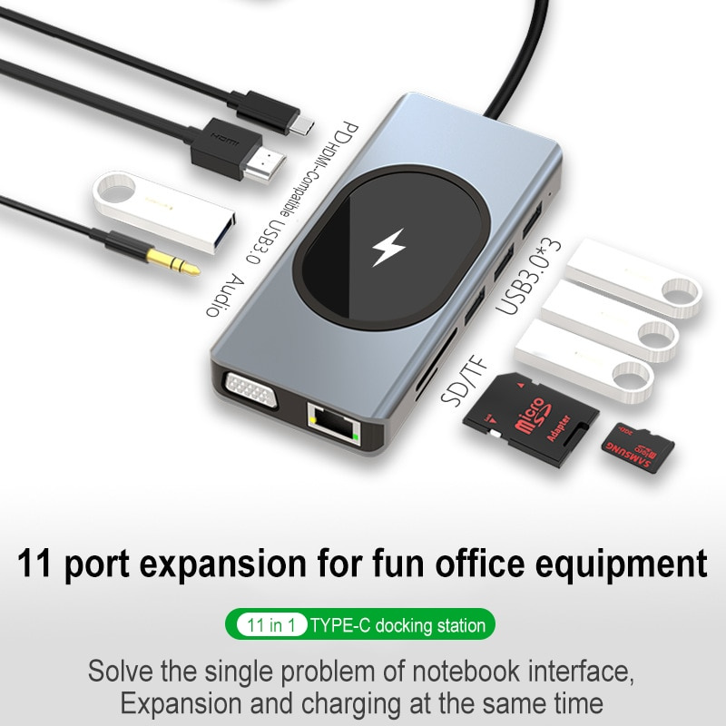 11 合 1 USB C 集線器適配器 USB-C 擴展塢 4K HDMI--兼容，USB 3.0 擴展 PD 10W 任天堂無線快速充電