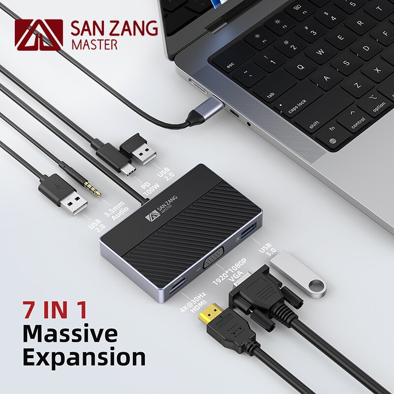 SANZANG USB C HUB 4K 30Hz Type-C 轉 HDMI 兼容 VGA USB3.0 PD 100W 適配器 SD 分配器 適用於 Macbook iPad M1 PC 配件