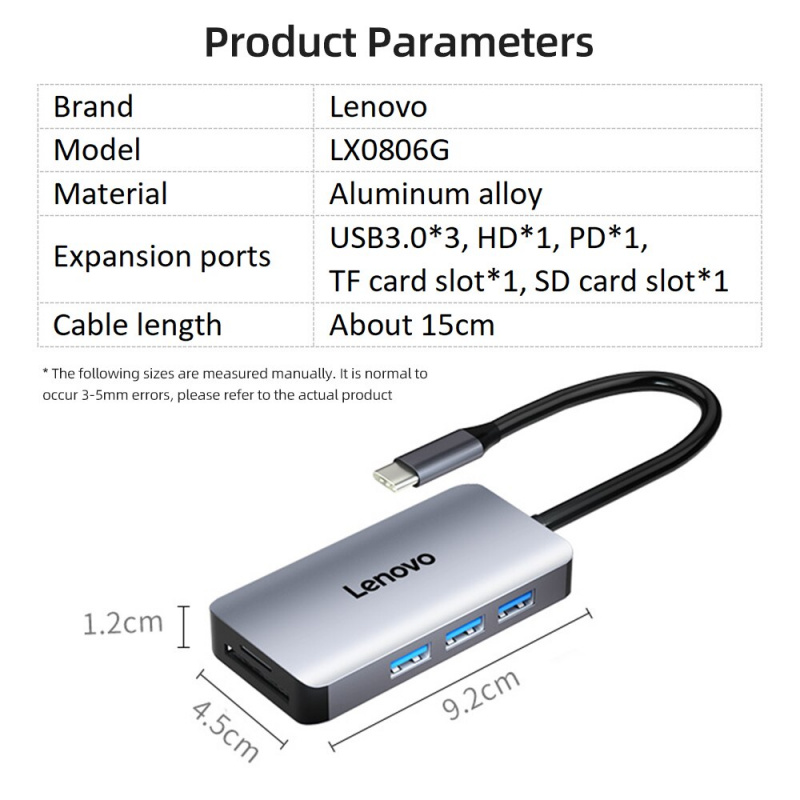 聯想 7 合 1 USB C 集線器 4K HDMI 適配器 USB C 到 USB 3.0 PD 充電底座 SD TF 卡插槽 Type-C 集線器分離器適用於 MacBook Pro