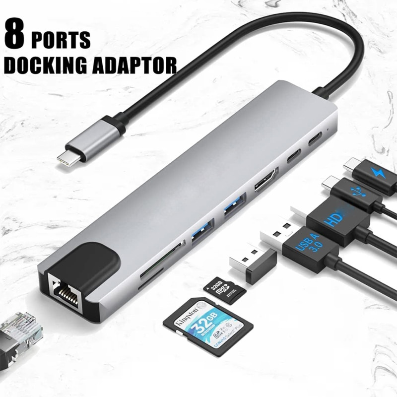 USB C 型擴展塢 USB C 集線器 3.0 適配器 8 合 1 HDMI SD TF 讀卡器適用於 Macbook Air iPad 筆記本電腦外圍設備