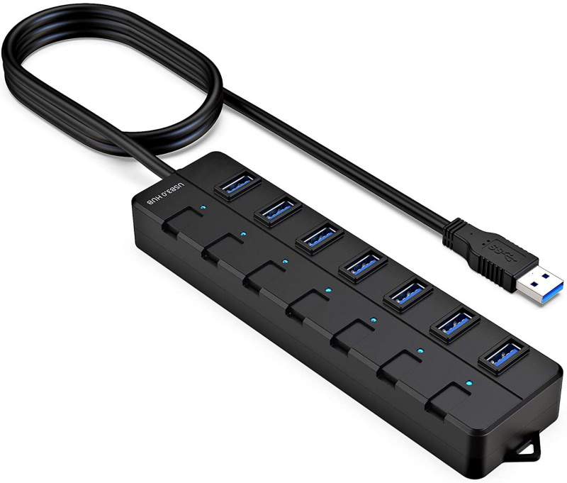 USB 集線器 3.0、7 端口 USB 集線器、帶獨立開 關開關和燈的 USB 分配器、適用於筆記本電腦和 PC 的 1.2 米 USB 延長線