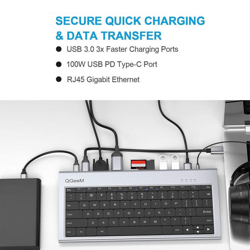 QGeeM USB C Hub for Macbook Pro Triple Display Type C Hub to Dual 4K HDMI & DP Micro SD Card Readers RJ45 Aux PD USB Hub Adapter