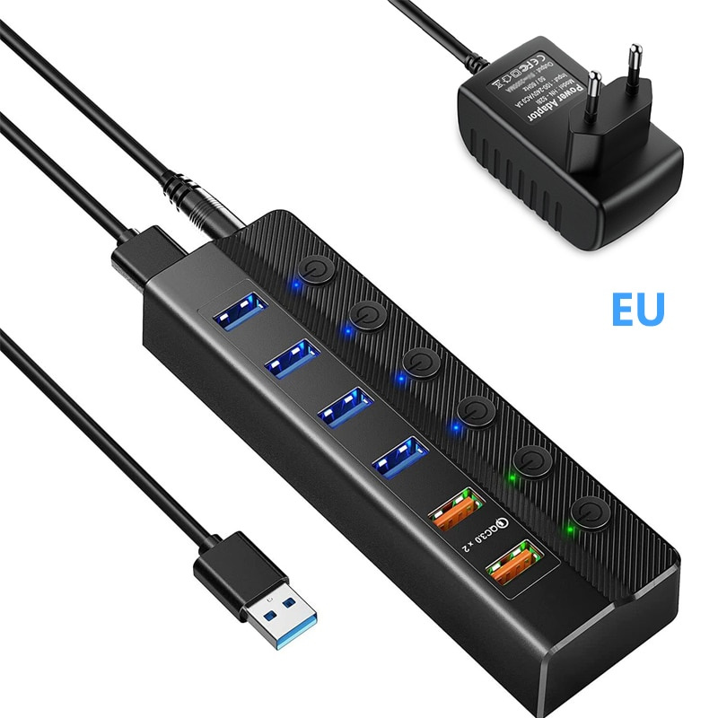 帶電源適配器電源的 USB 集線器 HUB 3 0 USB 充電器分離器擴展開關 QC 3.0 快速充電 PC 配件