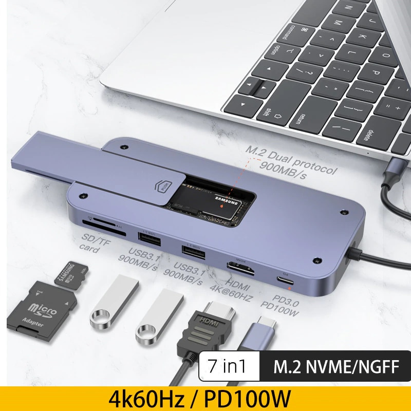 功能強大的 M.2 SSD 外殼 7 合 1 USB C HUB Type C 3.1 轉 NVME NGFF HDMI 4K@60Hz USB 3.1 Gen2 10Gbps PD 100W SD TF for MacBook