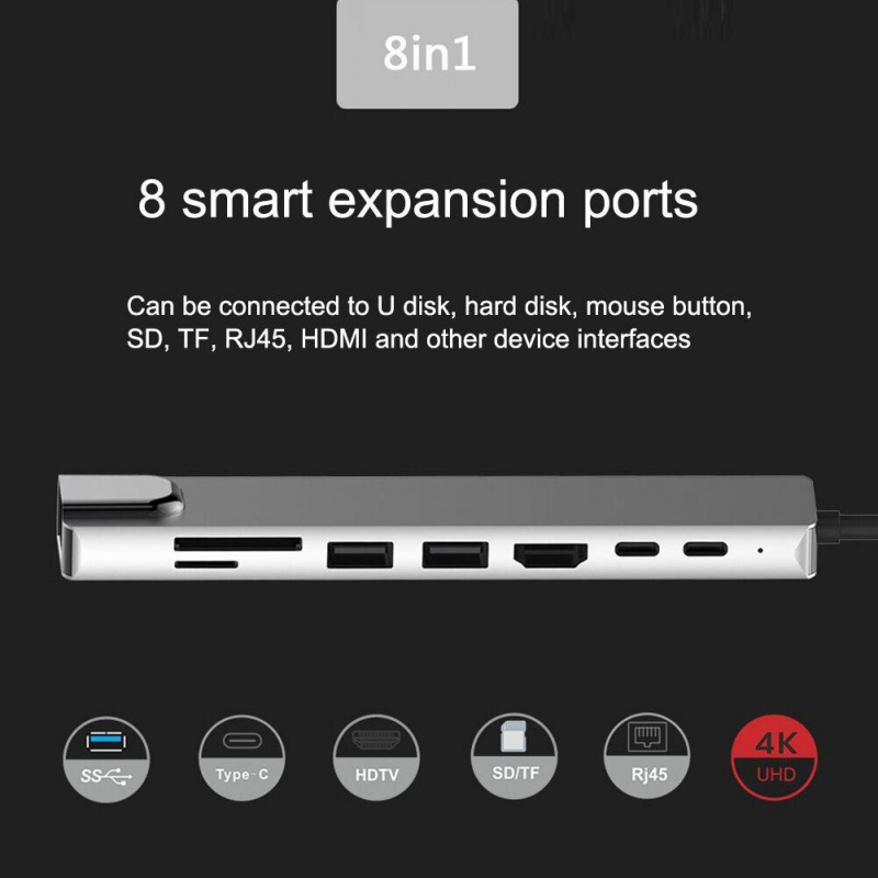 8 合 1 USB C 集線器 C 型 3.1 至 4k Hdmi 兼容適配器帶 Rj45 SD tf 讀卡器 Pd 快速充電適用於 Macbook 筆記本