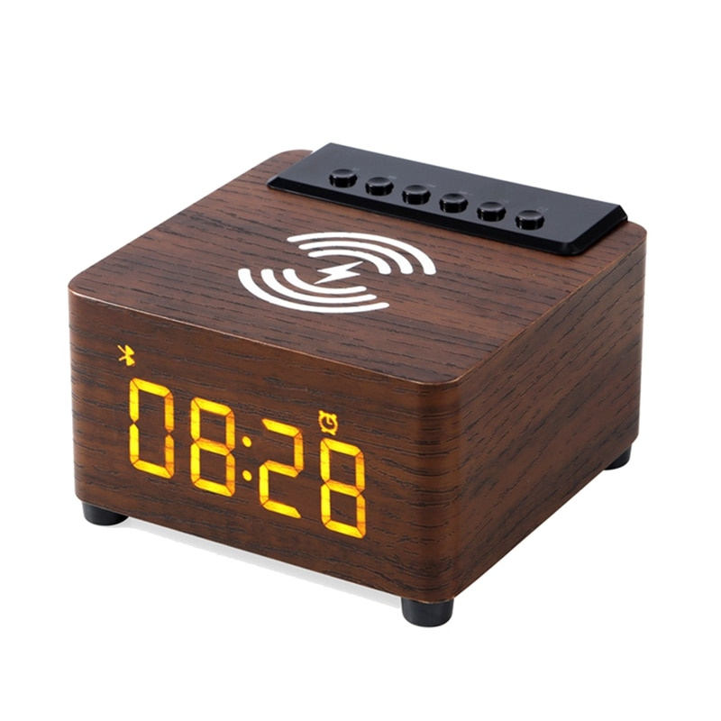 鬧鐘木製無線藍牙 5.0 揚聲器快速無線充電器環繞聲 3D 立體聲揚聲器