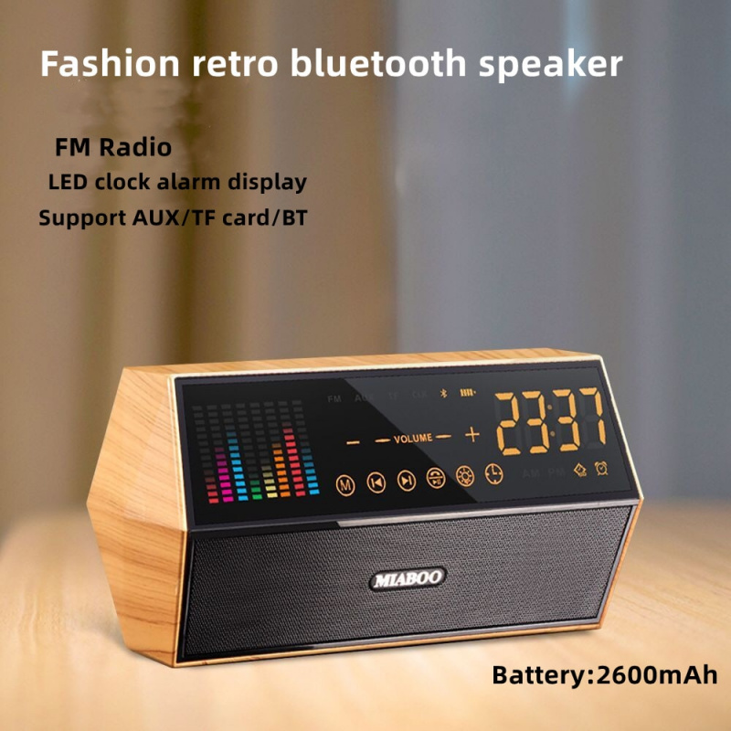 wood 藍牙音箱便攜式無線低音炮 LED 顯示屏彩色動態頻譜調頻收音機復古報警揚聲器