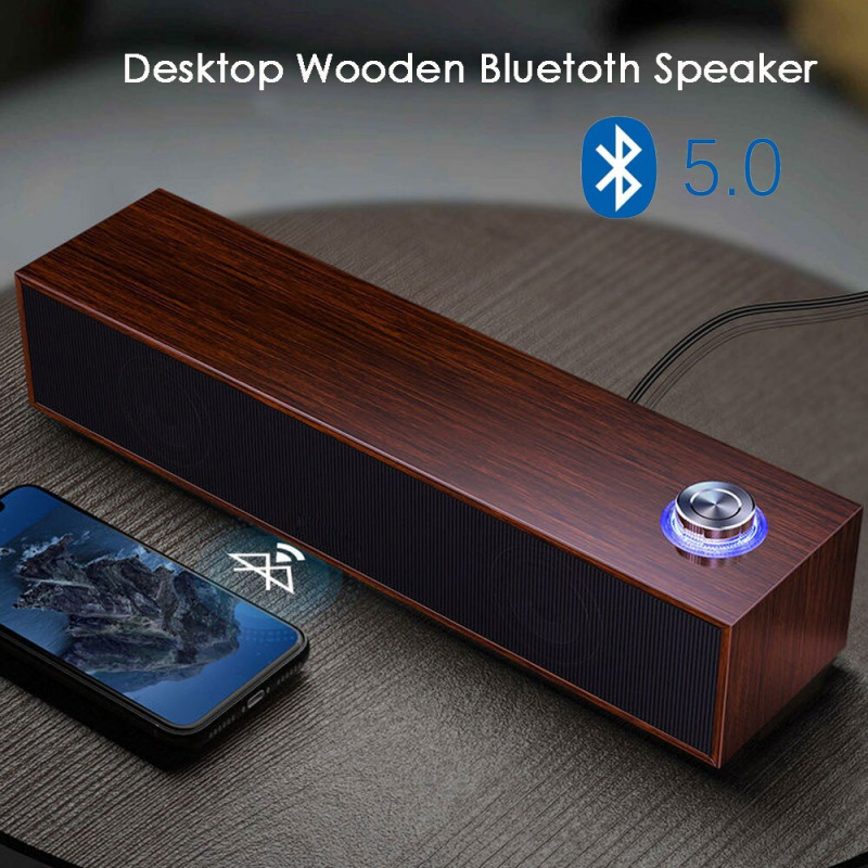 桌面 3.5 毫米有線藍牙 5.0 立體聲揚聲器木質藍牙低音炮環繞音樂電腦音箱 USB 供電。