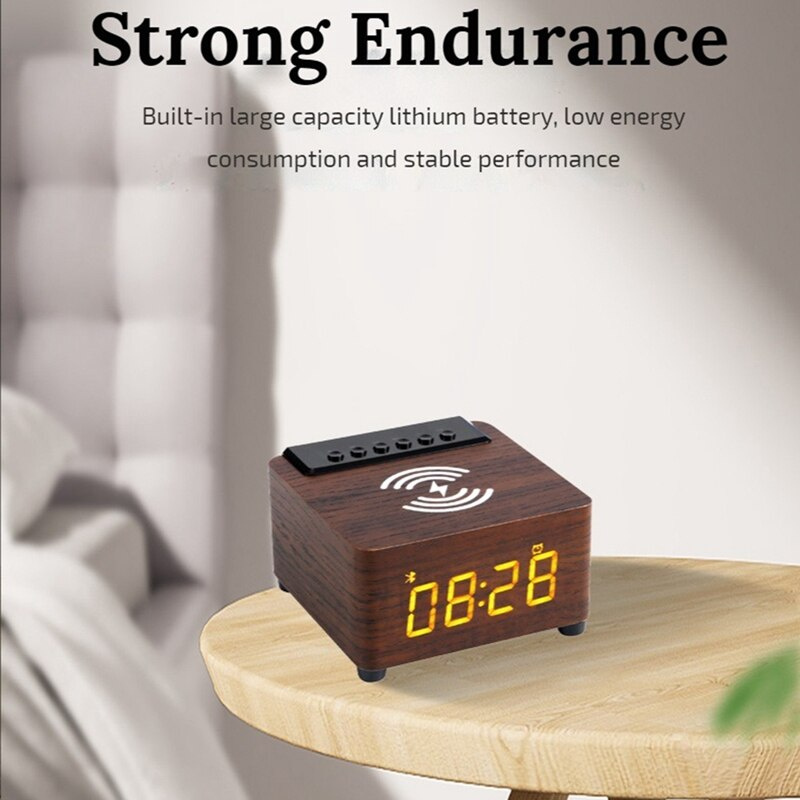 Alarm Clock Wooden Wireless Bluetooth 5.0 Speaker Fast Wireless Charger Surround 3D Stereo Boombox