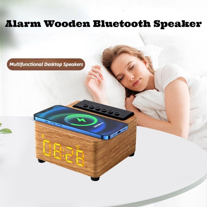 Alarm Clock Wooden Wireless Bluetooth 5.0 Speaker Fast Wireless Charger Surround 3D Stereo Boombox