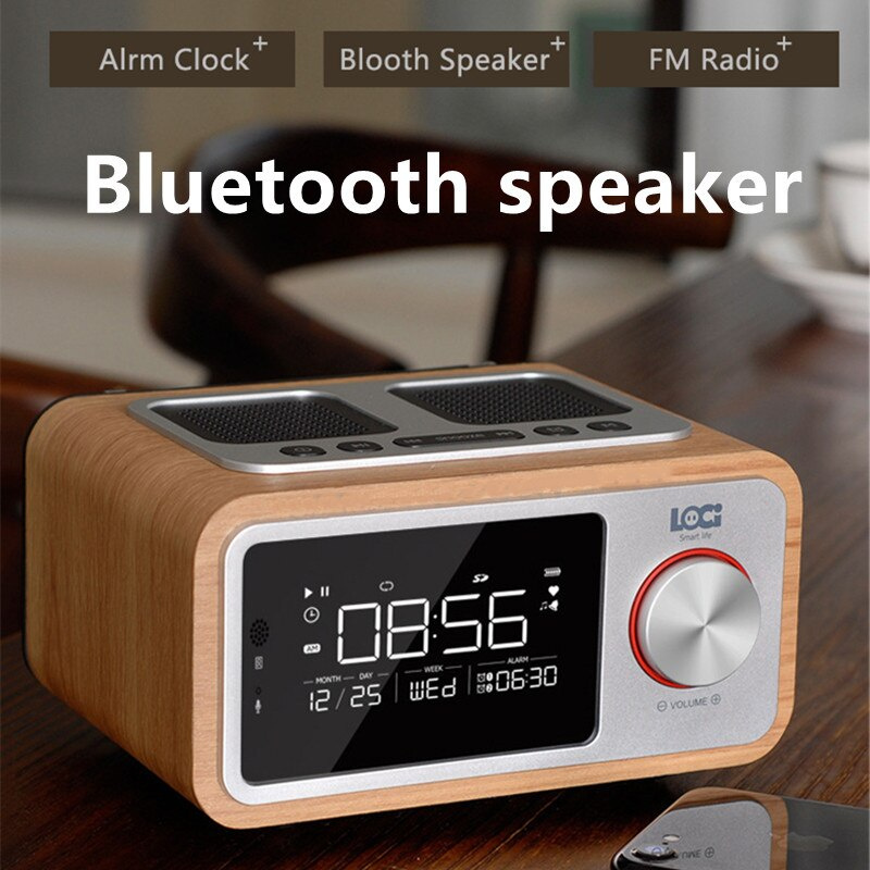 家用LED屏鬧鐘調頻收音立體聲擴音器重低音低音炮復古無線小木頭便攜藍牙音箱