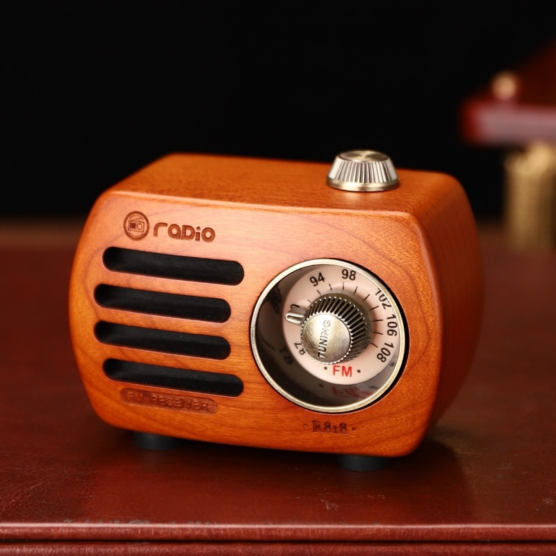 迷你老式複古木質 FM SD MP3 藍牙晶體管可充電收音機帶揚聲器，R818