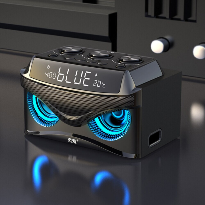 SOAIY超低音音響迷你藍牙音箱LED顯示屏炫酷貓頭鷹設計無線喇叭三喇叭喇叭音柱