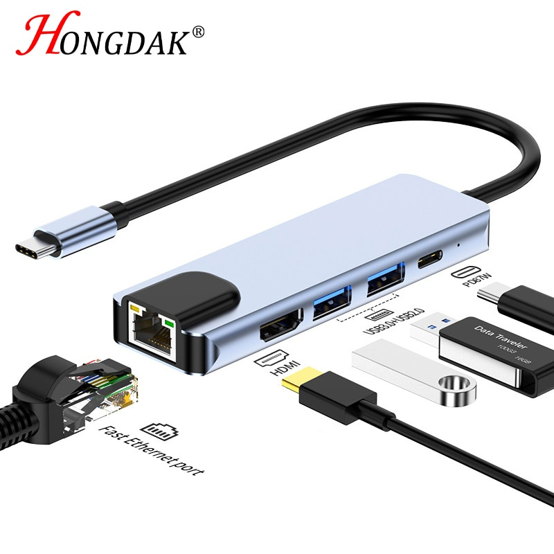 5 合 1 USB C 集線器 Type C 轉 HDMI 4K USB 3.0 2.0 Type-C 快速充電 RJ45 適配器適用於 Ipad Pro 2018 2020 平板電腦配件