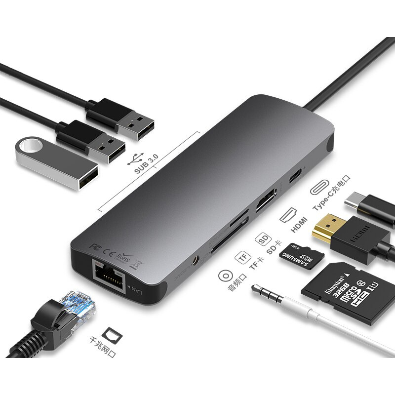 9 端口 9 合 1 USB C 集線器適配器，帶 4K HDMI 100W PD USB-C，TF SD 讀卡器，適用於 MacBook Air Pro 的 Thunderbolt 3 USBC 集線器，XPS