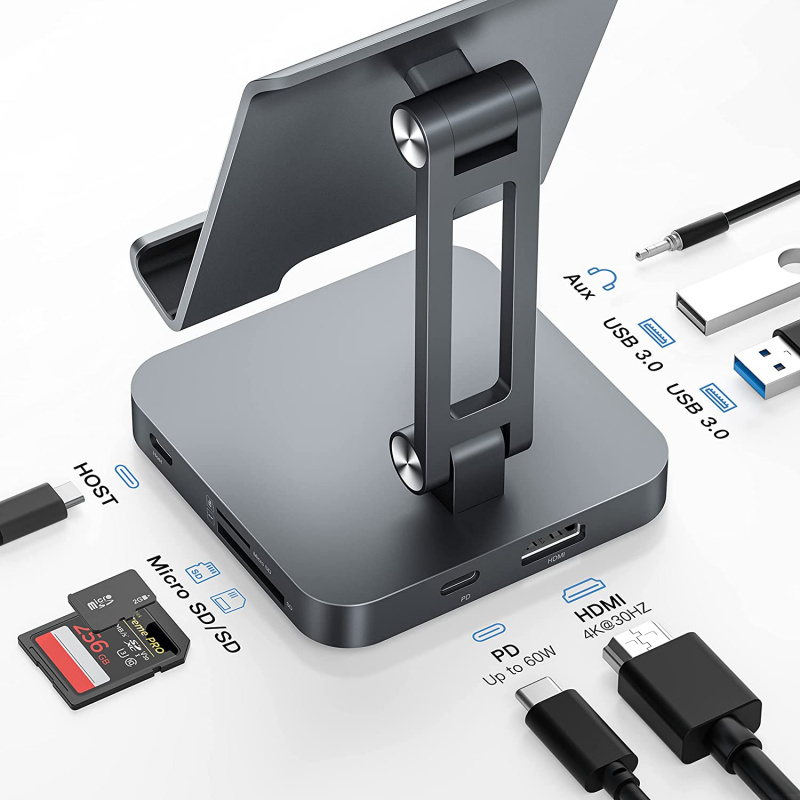 7 合 1 USB C 集線器支架多端口適配器帶 4K@30Hz HDMI 60W PD SD TF USB 3.0 插孔可調節支架集線器適用於 iPad Pro Chrome