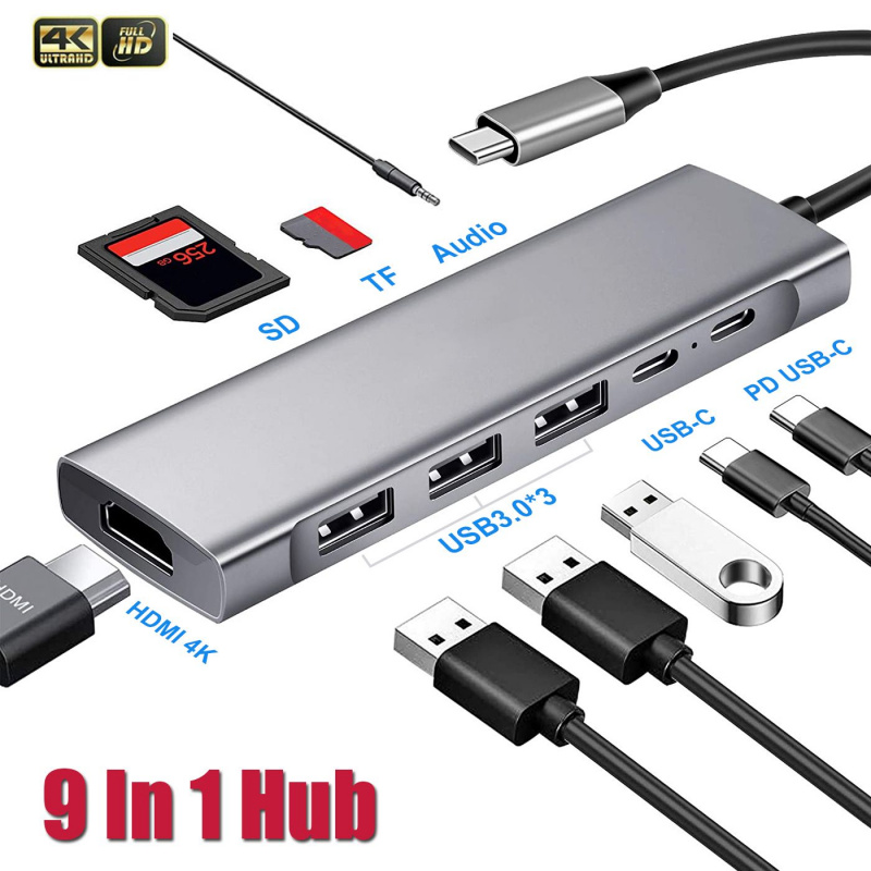 筆記本電腦千兆 VGA USB3.0 SD TF 擴展器 4K HDMI PD 充電 USB C 型集線器 9 合 1 適配器適用於 MacBook Pro