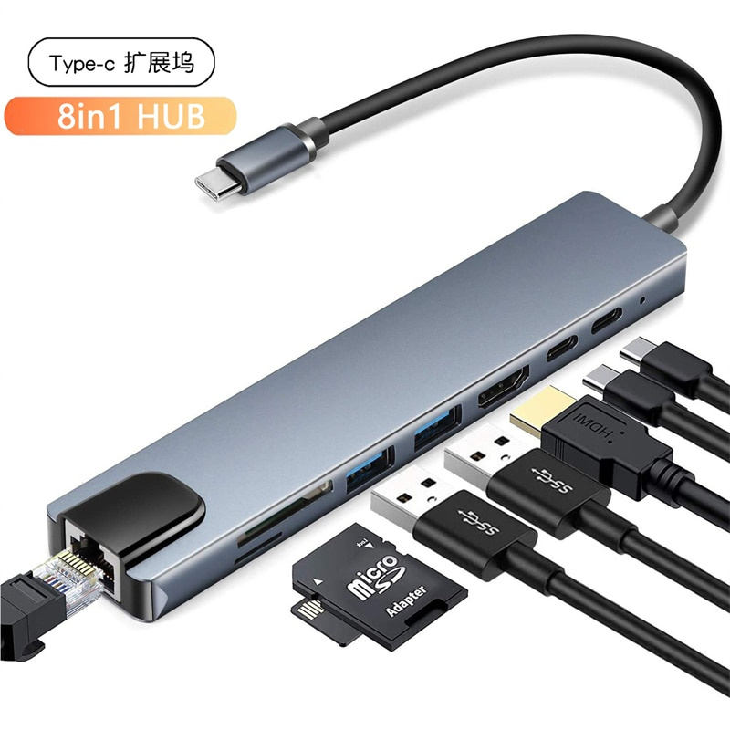 USB C 集線器 C 型 3.1 至 4K HDMI 適配器，帶 RJ45 以太網 SD TF 讀卡器 PD Thunderbolt 3 適用於 MacBook Pro IPad Air 配件
