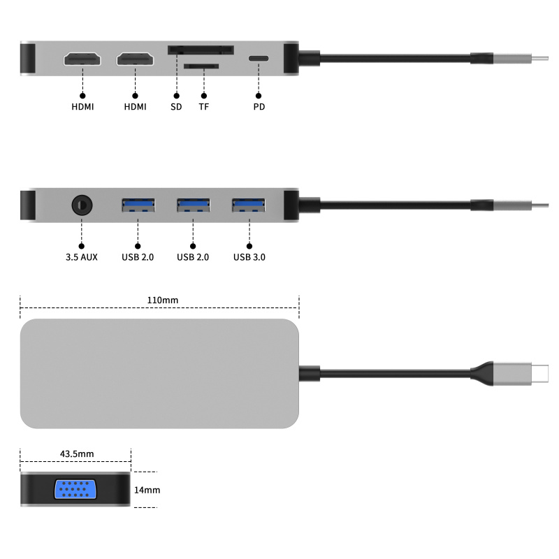10 合 1 USB 數據台式機 USB HUB HDMI 帶 PD TF SD 卡 VGA 端口 PD 快速充電 1080p