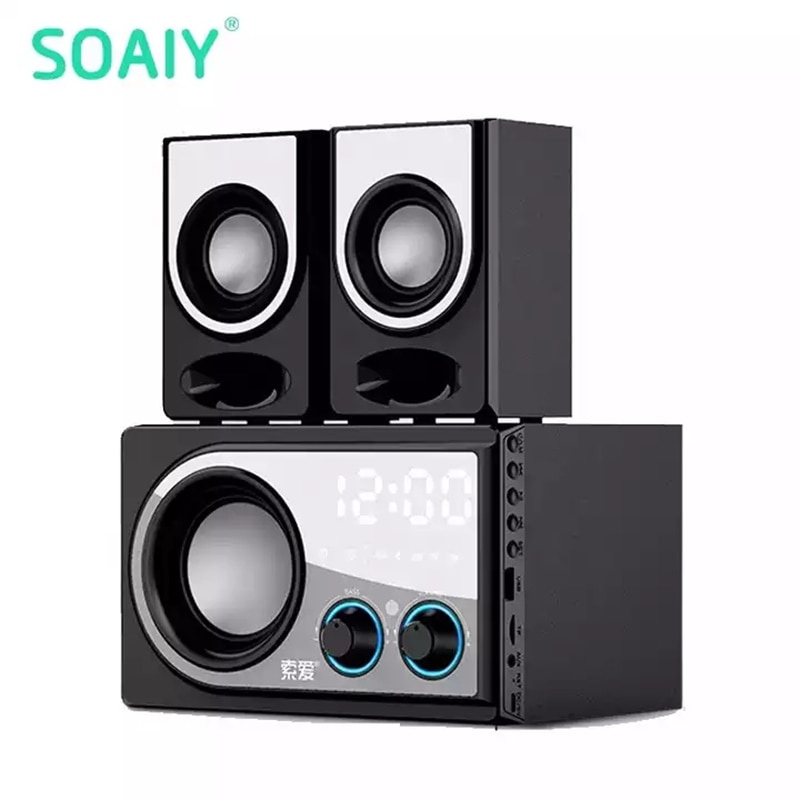 SOAIY 2.1 subwoofer desktop pc indoor powered surround power big bass sub wire wood 3 way boofers stereo speaker for computer