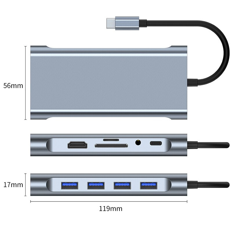 USB C 集線器 C 型轉 HDMI 兼容 RJ45 5 6 8 11 端口擴展塢，帶 PD TF SD AUX USB 集線器 3 0 分離器，適用於 MacBook Air Pro PC 集線器