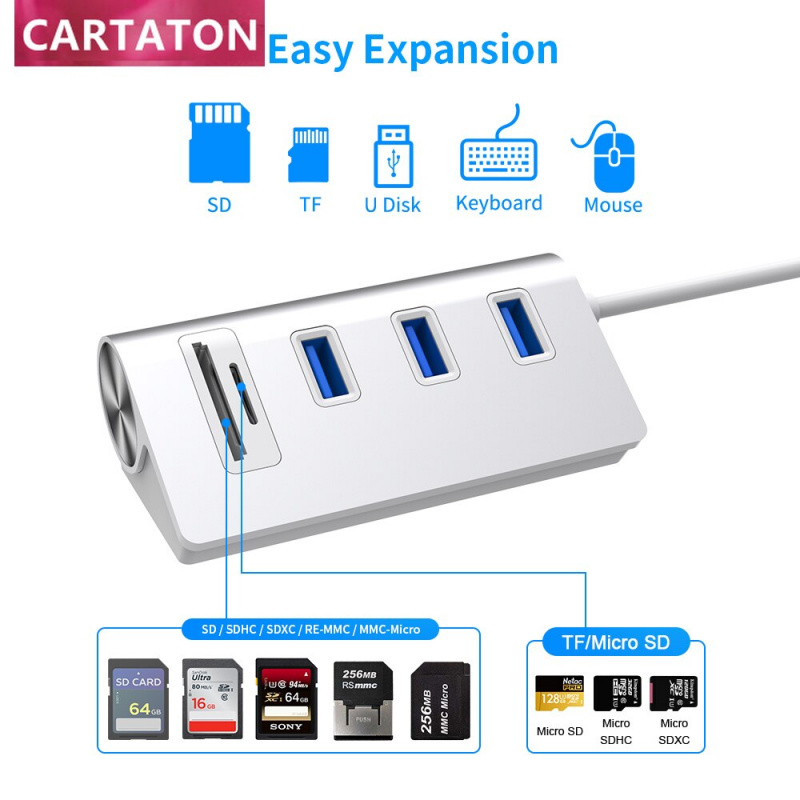 Cartaton OTG 鋁製 5 合 1 集線器 USB 3.0 Transflash 安全數字存儲卡讀卡器 USB 集線器 3.0