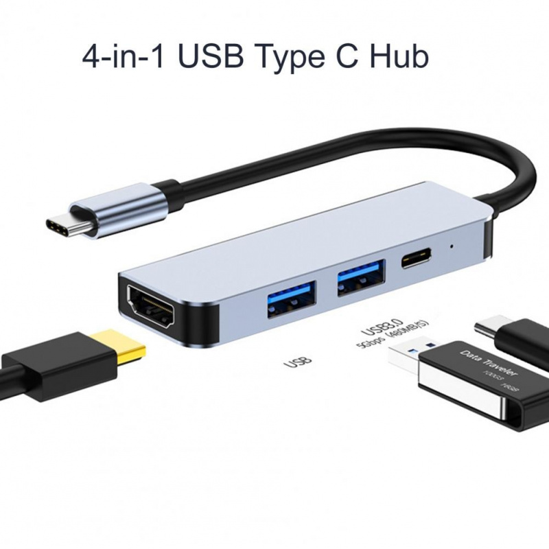 USB C 集線器方便的 4 端口 Type-C 轉 HDMI 兼容 USB PD 適配器多端口數據集線器 4 合 1 USB Type C 集線器適用於筆記本電腦