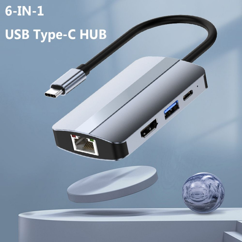 6 合 1 多端口 USB 3.0 適配器分離器千兆以太網擴展塢 4K HDMI USB Type-C 集線器適用於筆記本電腦