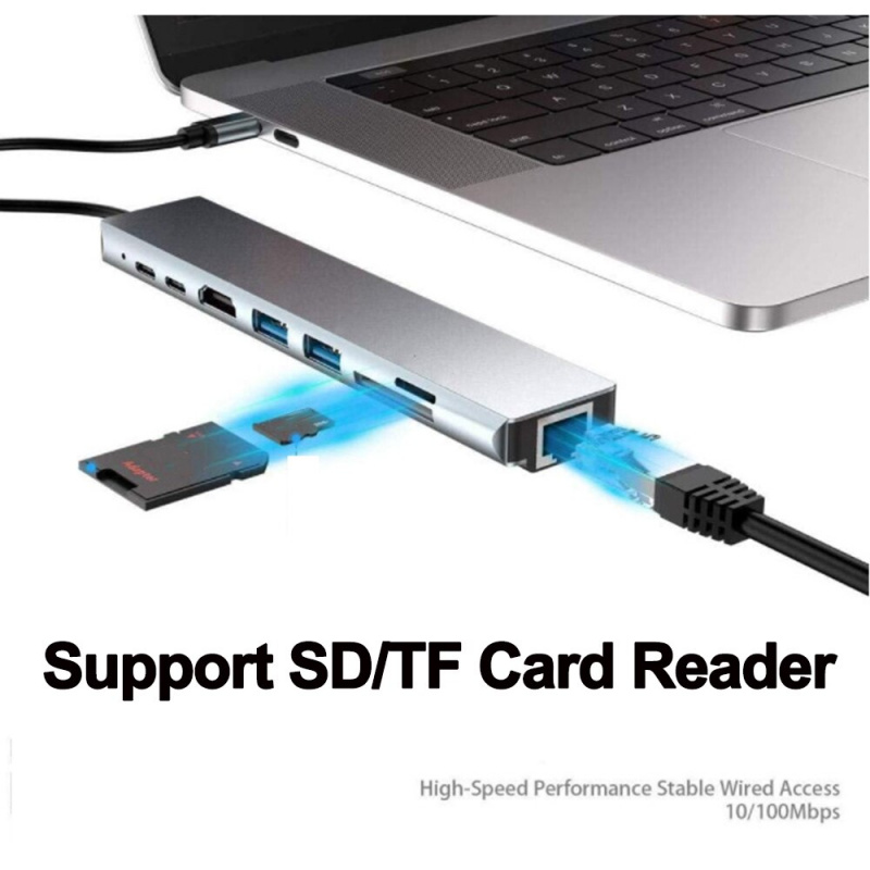 8 合 1 Type C 3.1 集線器 USB C 轉 RJ45 USB 3.0 4K HDMI 兼容 SD TF 讀卡器 USB-C PD 快速充電分離器適用於 MacBook Pro